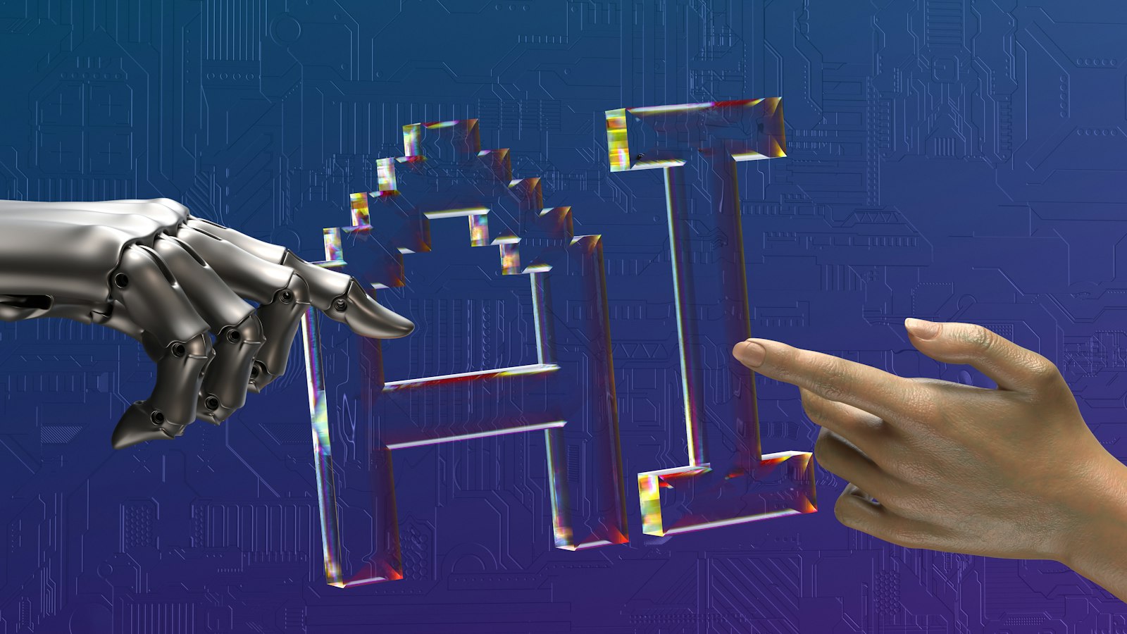 Robot hand and human hand reaching toward the letters AI