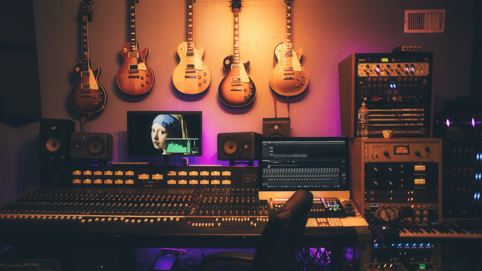 Music recording studio with mixing console