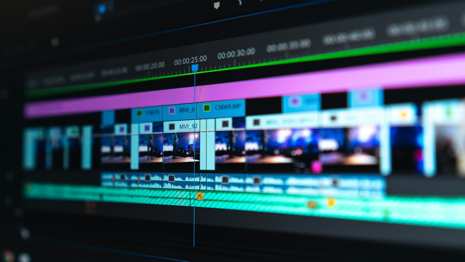Video editing timeline on a dark screen
